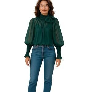 Ulla Johnson Lesli Silk Chiffon Blouse Women's Sz 6 Green Sheer Puff Sleeve Bow